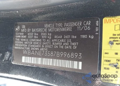 2007 BMW 530I z USA, uszkodzony, nr VIN WBANE73587B996893